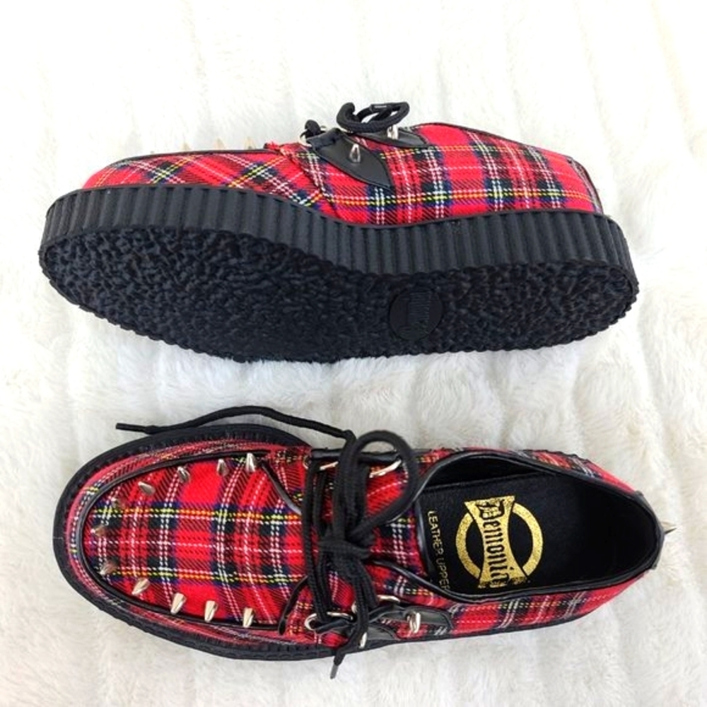 Demonia Red Plaid Platform Creeper w/ Cone Spikes - Picture 9 of 10
